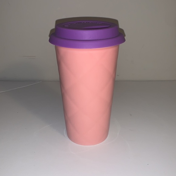 Starbucks Pink Textured Ceramic To Go Cup with Purple Silicone Lid - Picture 4 of 7